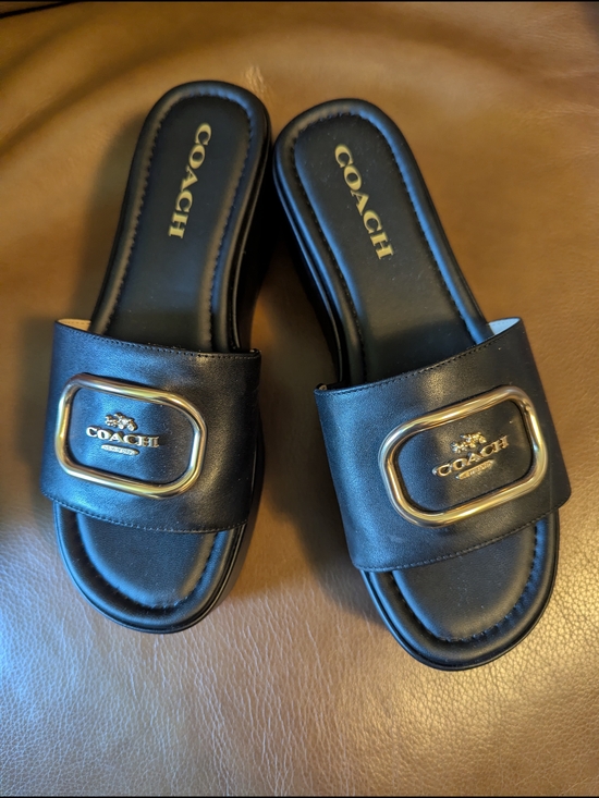 Coach Shoes - COACH Black Leather Slide Sandals with Gold Logo